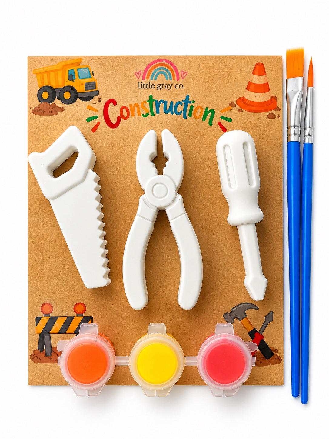 Little Gray Co. Construction plaster paint kit with saw pliers and screwdriver