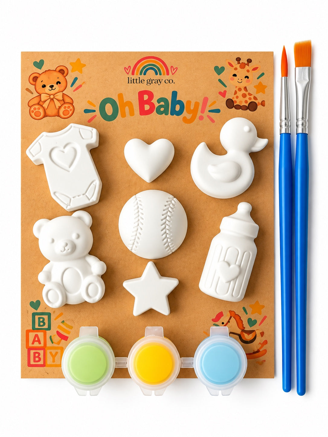 Little Gray Co. Oh Baby plaster paint kit with baseball, baby-themed plaster pieces, paints and brushes
