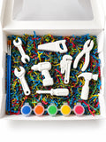 Little Gray Co construction plaster paint kit with tool shapes, paints and brushes