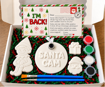 Elf Arrival Paint Box with elf, Santa Cam, paint, brushes and I'm Back card
