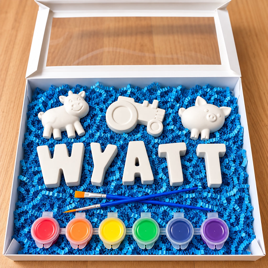 Personalized Little Gray Co paint kit with name, farm pieces, paints and brushes