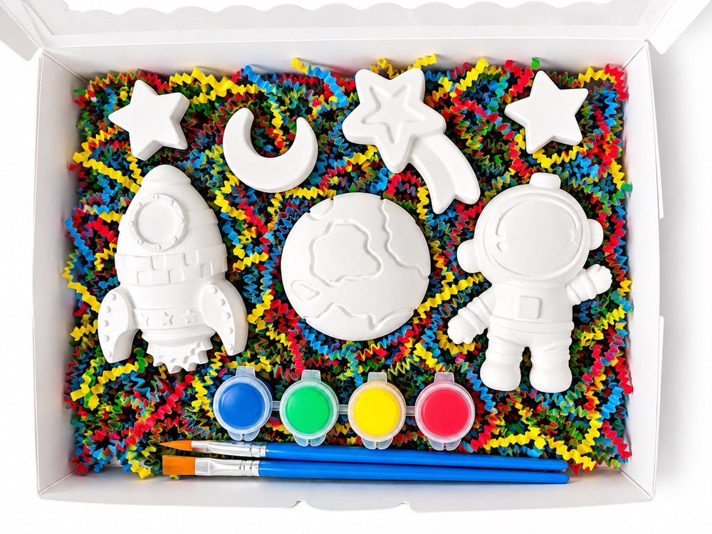 Little Gray Co space themed plaster paint kit with rocket, astronaut, planet, moon and stars